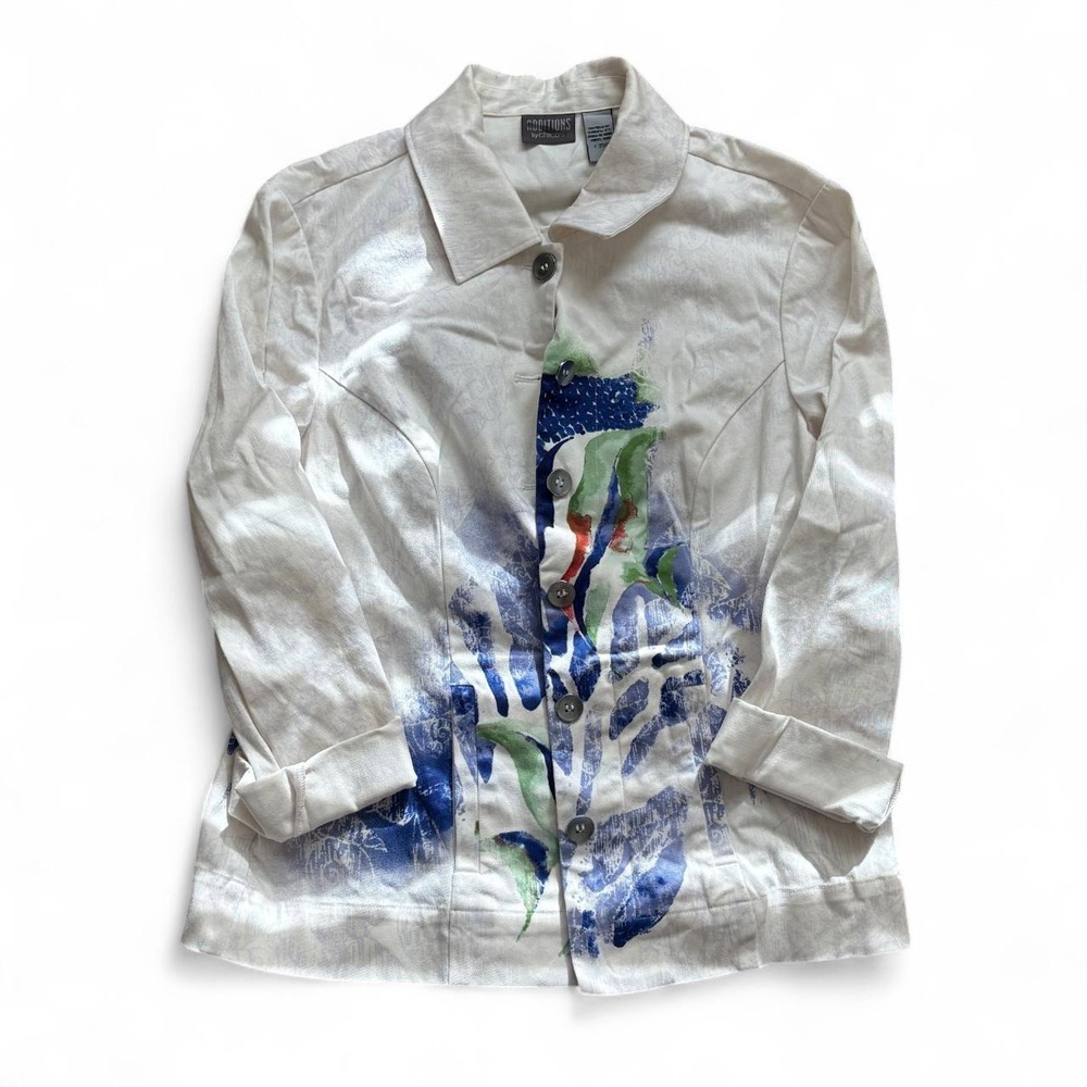 Additions by Chicos Abstract Tropical Fish Print Button Front Jacket White Sz 1